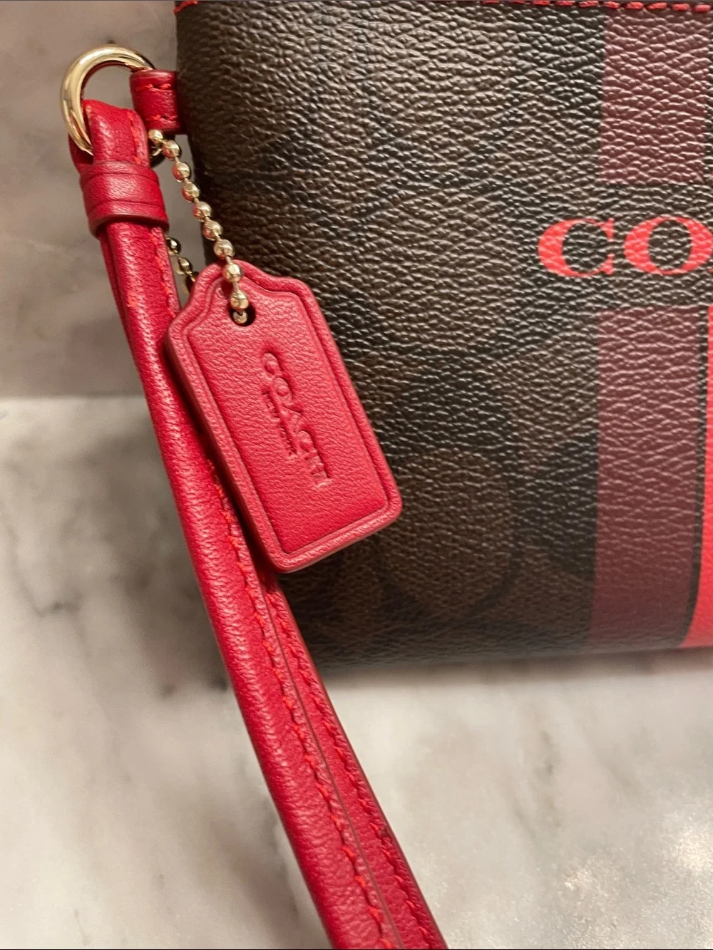 Sharp Coach Brown and Red Signature Wristlet with Red Stripe and Red Strap